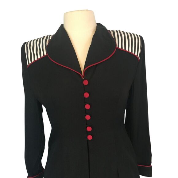 JSJ Petites Vintage 80s Black White Rayon Mod Peplum Dress 4, 34 bust Red Piping - Picture 2 of 9